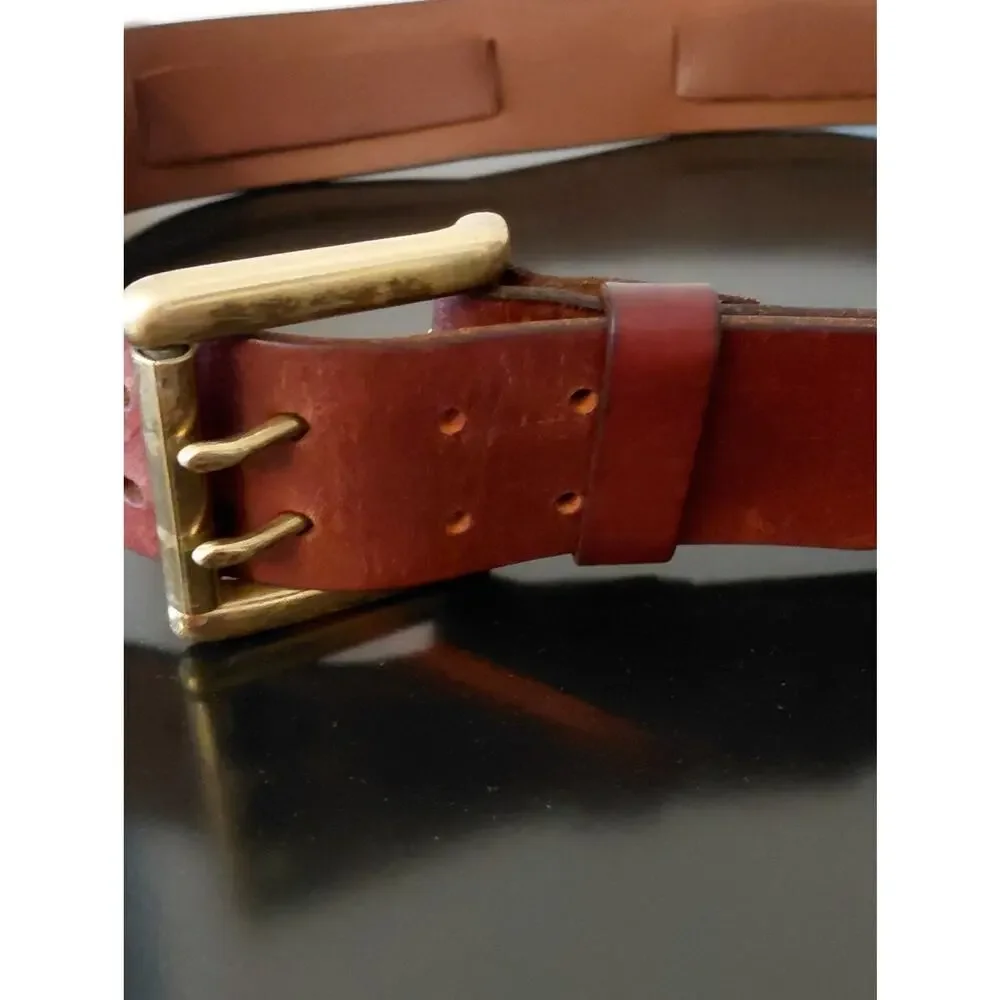 VTG Lauren Ralph Lauren Brown Leather Belt western Brass Double-Prong Buckle M